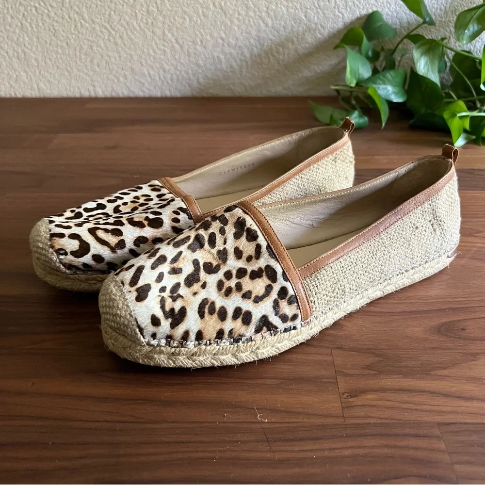 Stuart Weitzman The Camping Espadrilles Leopard Hair Calf Leather Tan, size 10.5